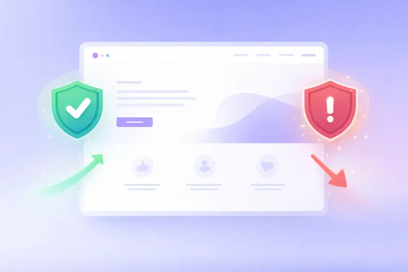 Ilustração de um site institucional com elementos de confiança e de alerta, representando como o site pode fortalecer ou enfraquecer a reputação de uma empresa