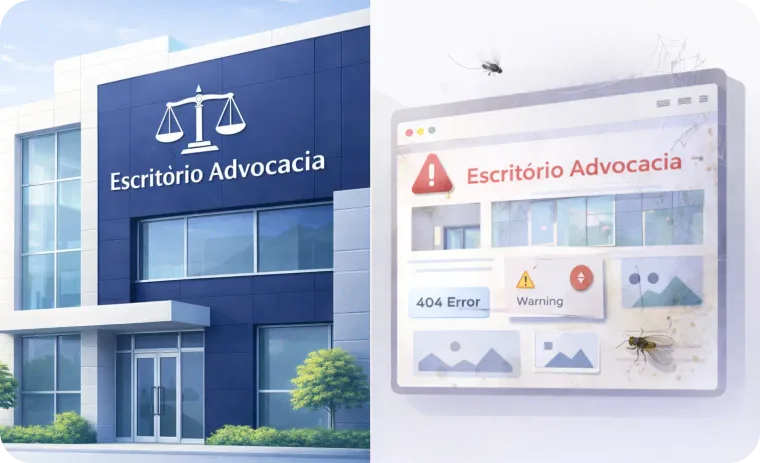 Comparação entre um escritório de advocacia moderno e bem estruturado e o site da mesma empresa, desatualizado, com erro 404 e alerta de segurança