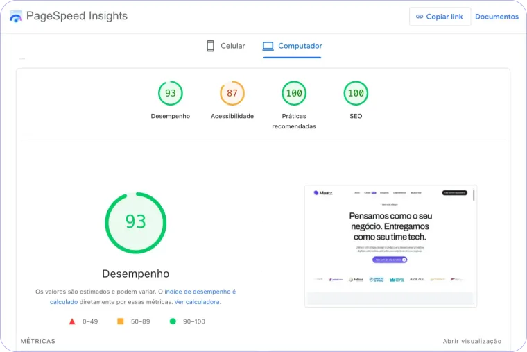 Resultado do PageSpeed Insights com 93 em desempenho, 87 em acessibilidade, 100 em práticas recomendadas e 100 em SEO