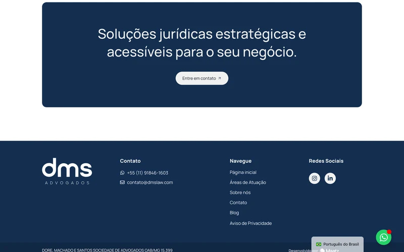 Chamada de contato e rodapé do site do DMS Advogados