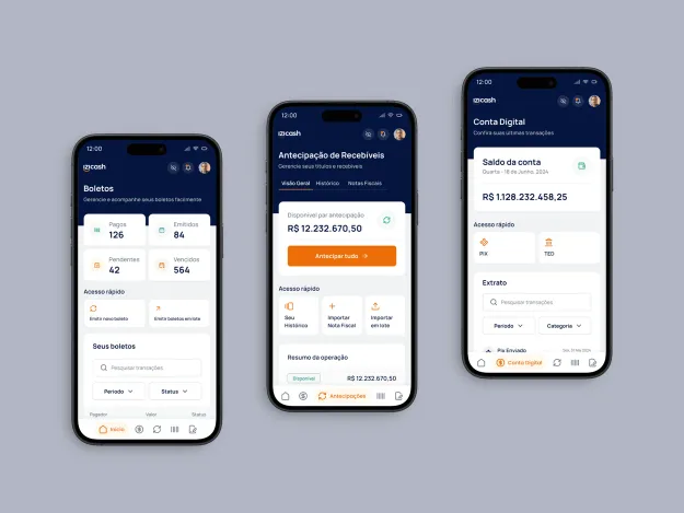 Telas da conta digital IZI Cash, produto B2B desenhado pela Maatz para varejistas