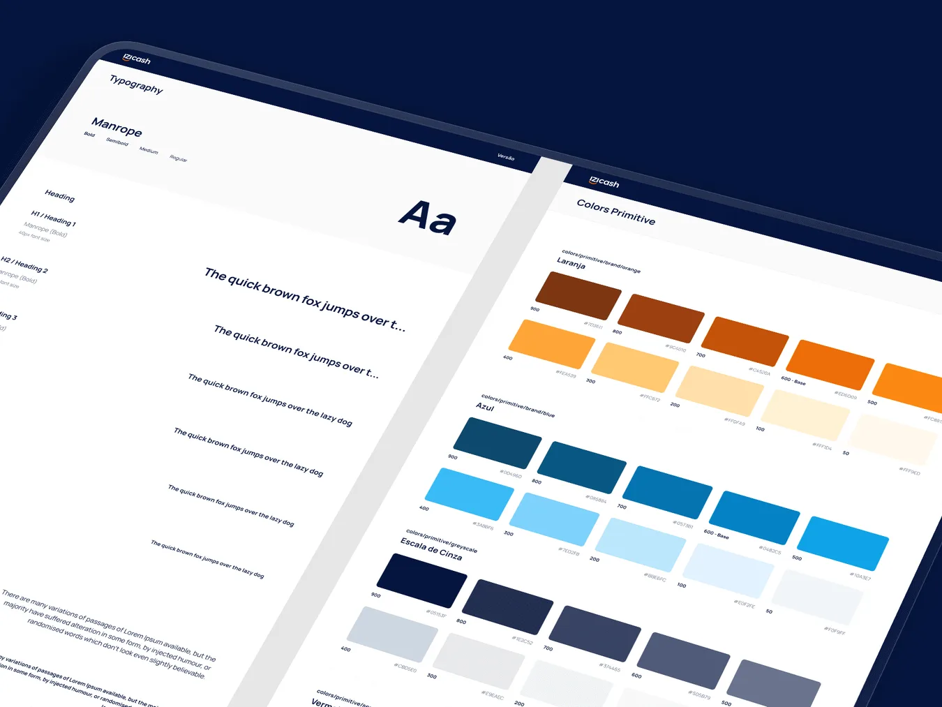 Documentação do design system da IZI Cash, com escala tipográfica e paleta de cores primitivas
