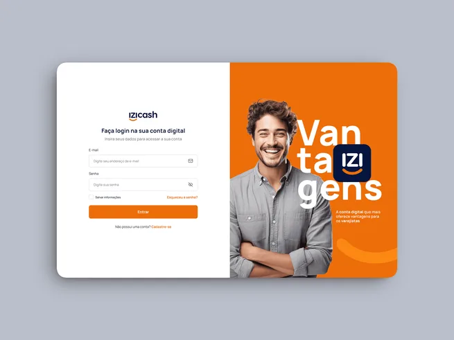 Tela de login da conta digital IZI Cash, com painel de marca ao lado do formulário