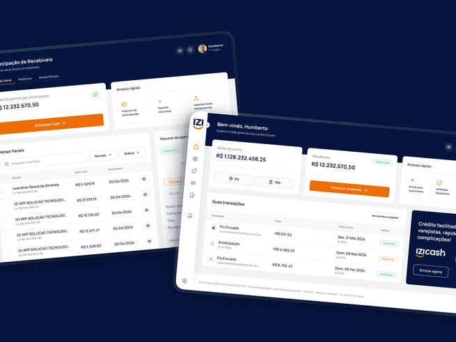Painel da IZI Cash no desktop, com saldo, recebíveis, transações e antecipação de notas fiscais