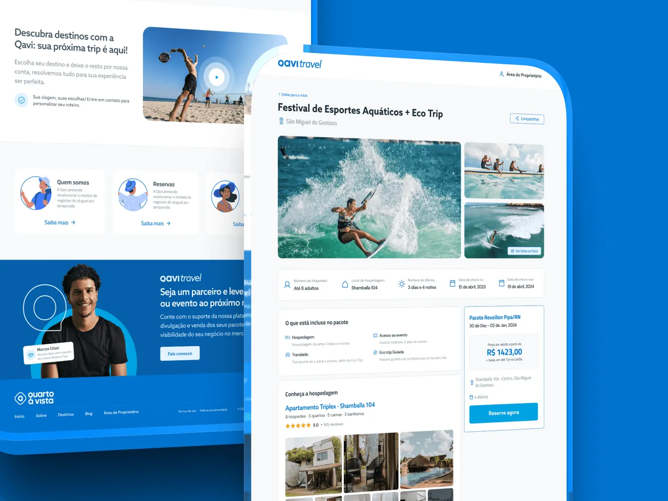 Portal de viagens da QAVI, com página de pacote, fotos, itens inclusos e reserva