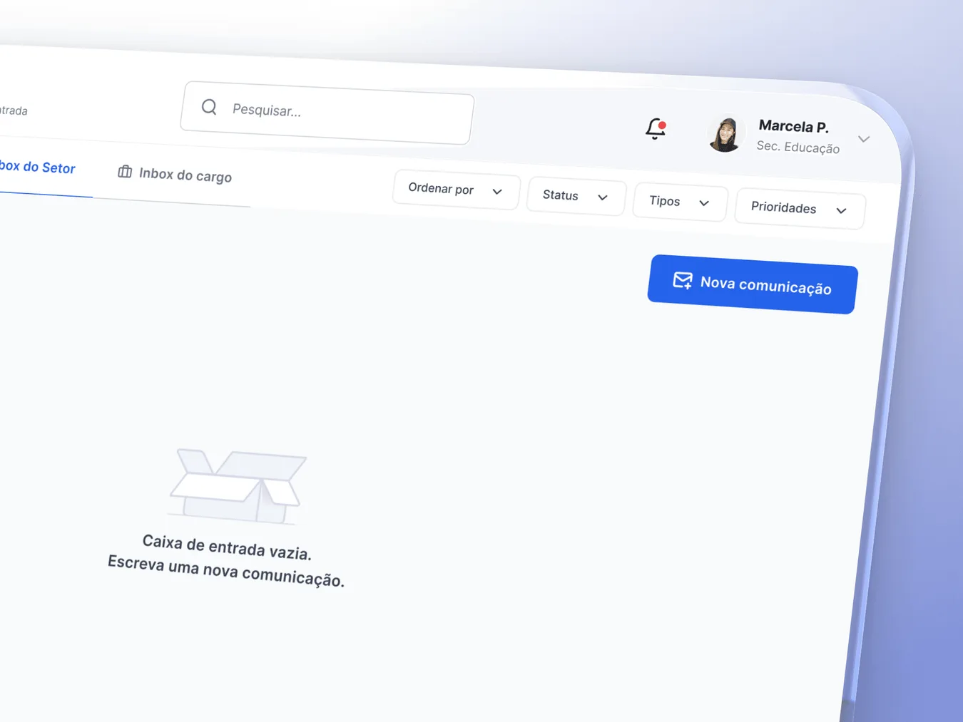 Estado vazio da caixa de entrada do EasyProcess, com convite para escrever uma nova comunicação